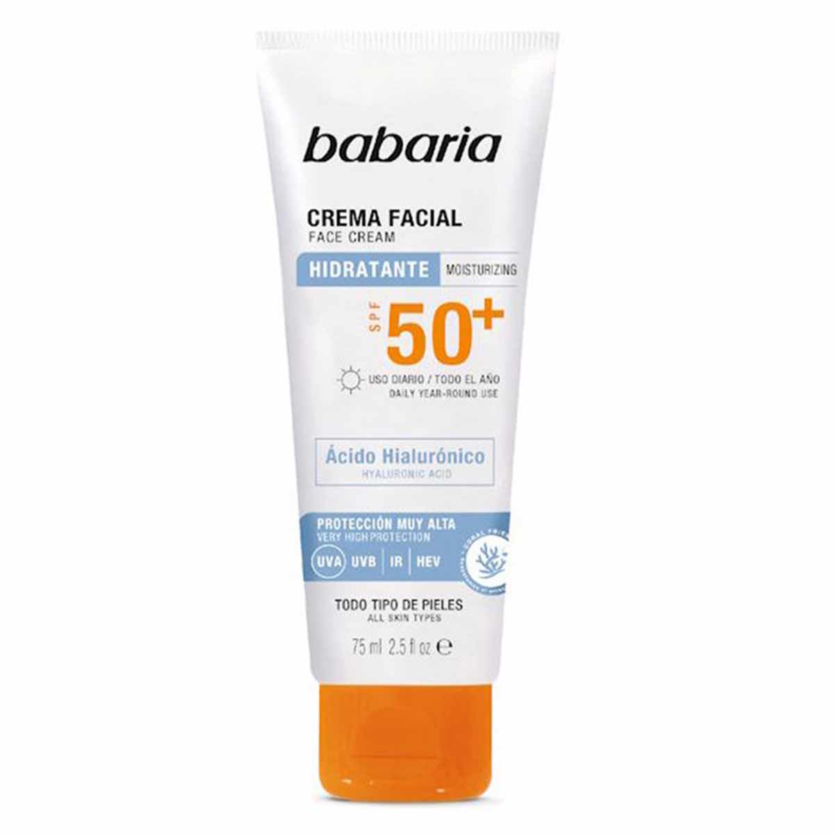 کرم ضد آفتاب باباریا babaria حاوی +SPF 50 مدل هیالورونیک اسید مناسب انواع پوست حجم 75 میل 