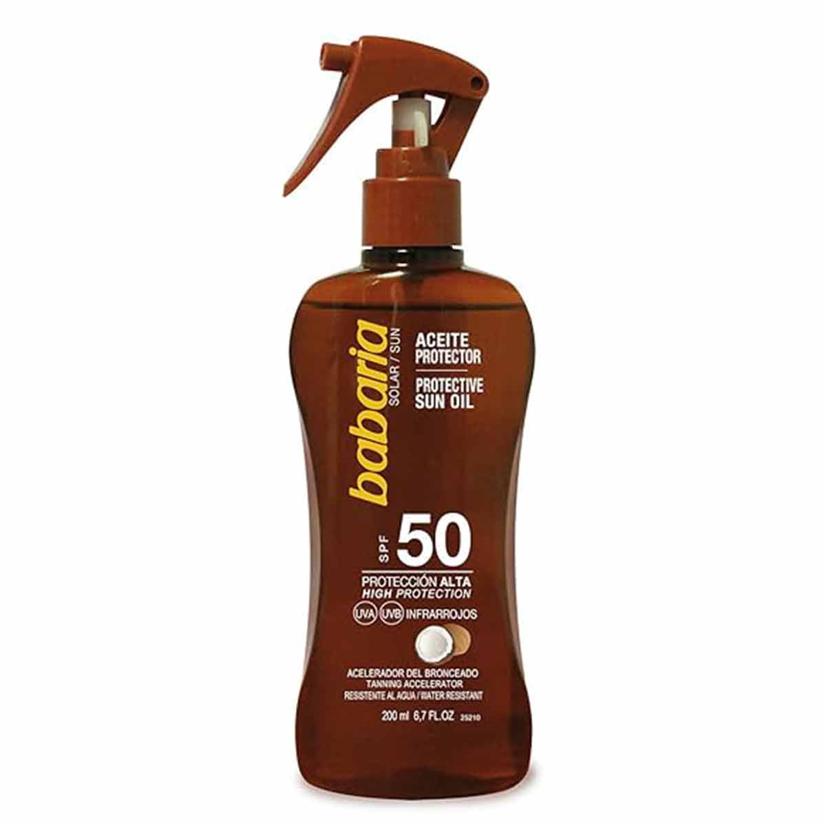 اسپری روغن برنز کننده SPF 50 باباریا babaria حاوی عصاره نارگیل حجم 200 میل 